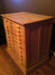 Vintage oak office furniture piece, this time with shallow drawers for 